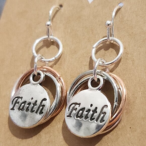 Handmade - Silver and Copper Spiral Chainmail Earrings w/ "Faith"  Medallion - Picture 2 of 6